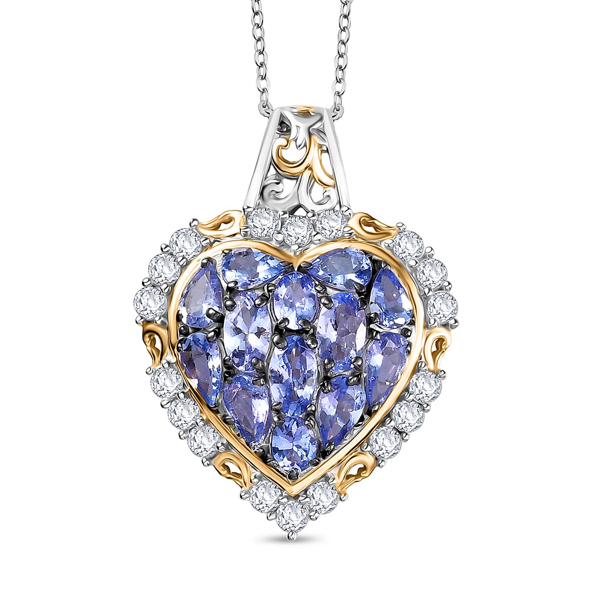 D'Joy Tanzanite and White Zircon Heart Pendant with Chain (Size 20) in 18K Vermeil Yellow Gold Plated and Rhodium Overlay Sterling Silver 3.71 Ct. 4417794 0