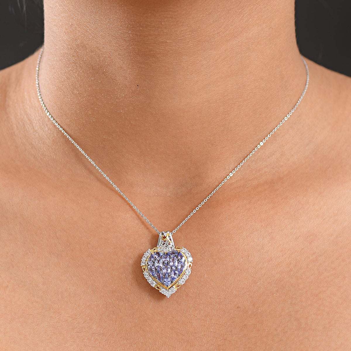 D'Joy Tanzanite and White Zircon Heart Pendant with Chain (Size 20) in 18K Vermeil Yellow Gold Plated and Rhodium Overlay Sterling Silver 3.71 Ct. 4417794 2