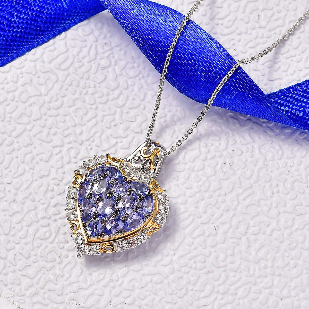 D'Joy Tanzanite and White Zircon Heart Pendant with Chain (Size 20) in 18K Vermeil Yellow Gold Plated and Rhodium Overlay Sterling Silver 3.71 Ct. 4417794 3