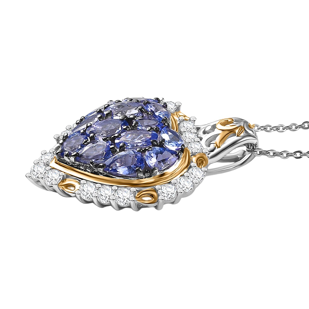 D'Joy Tanzanite and White Zircon Heart Pendant with Chain (Size 20) in 18K Vermeil Yellow Gold Plated and Rhodium Overlay Sterling Silver 3.71 Ct. 4417794 4