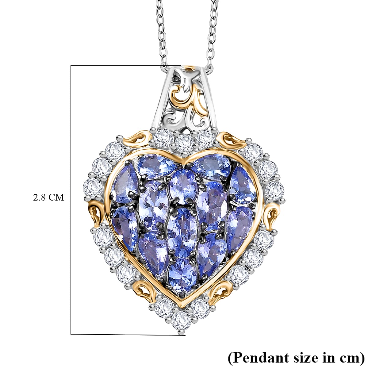 D'Joy Tanzanite and White Zircon Heart Pendant with Chain (Size 20) in 18K Vermeil Yellow Gold Plated and Rhodium Overlay Sterling Silver 3.71 Ct. 4417794 6