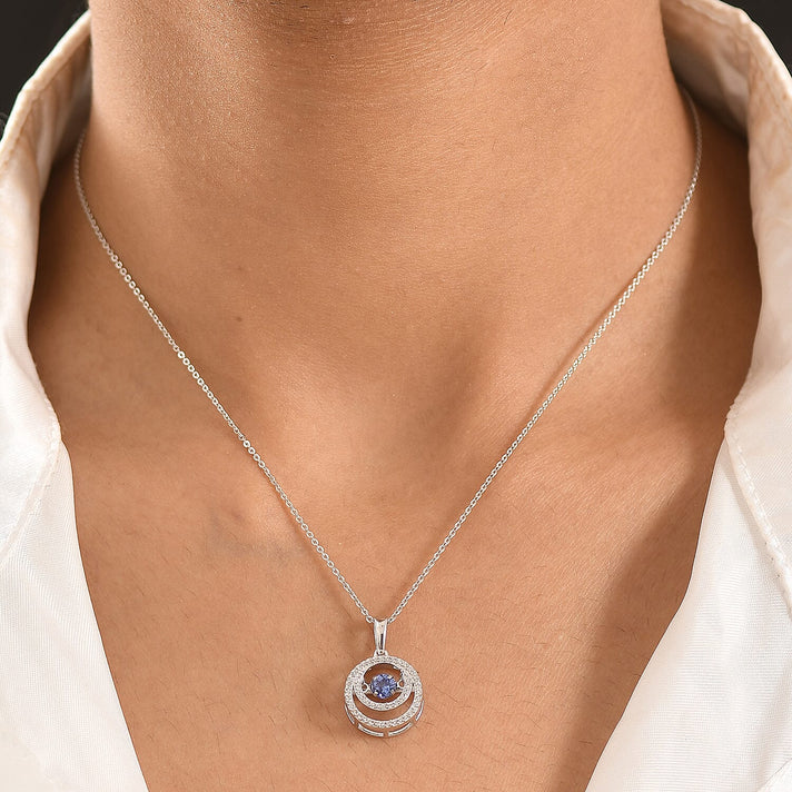 D'Joy - Tanzanite &amp; White Zircon Solitaire Pendant with Chain (Size 20) in Rhodium Overlay Sterling Silver 4476888 2