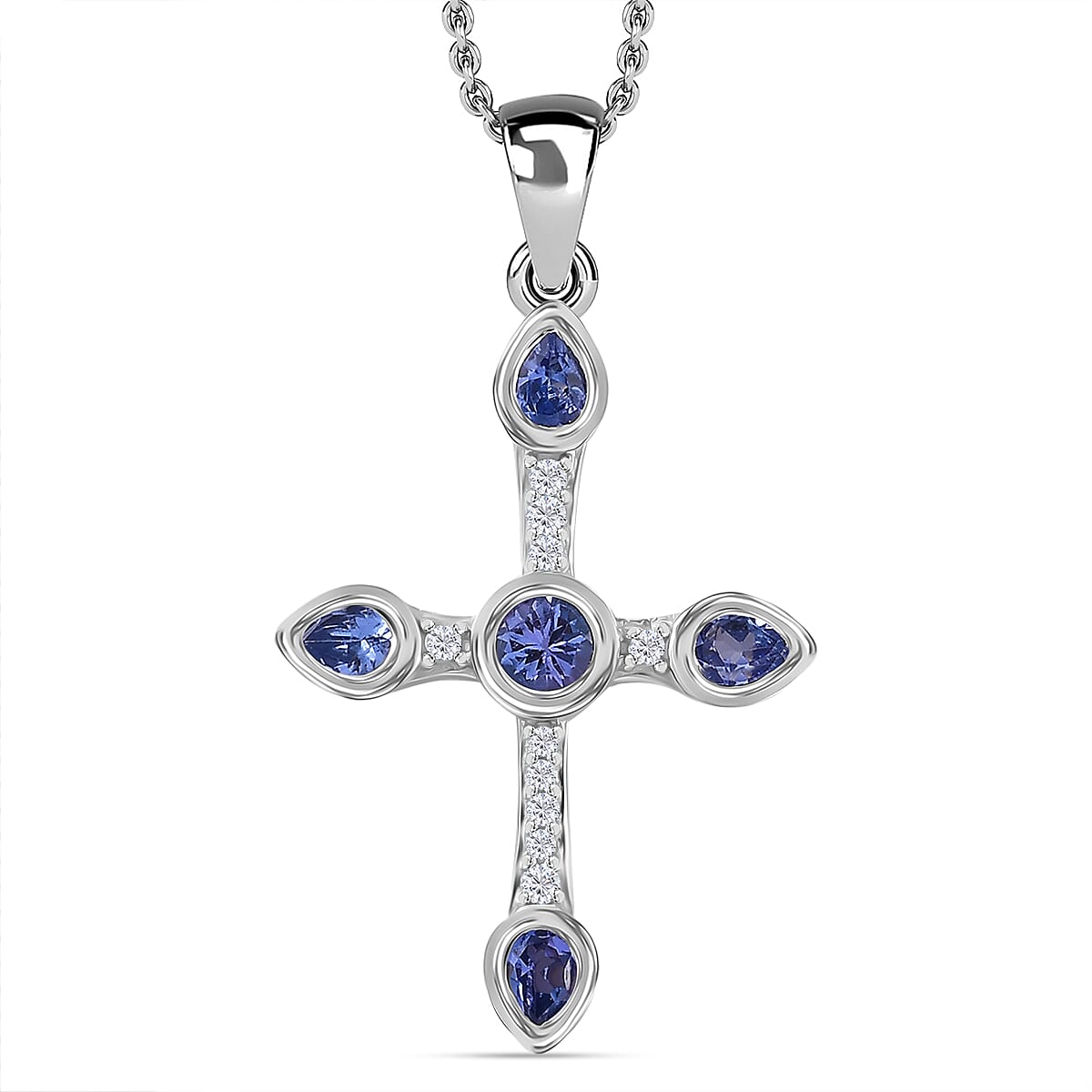 Tanzanite, White Zircon Cross Pendant with Chain (Size 20) in Rhodium Plated Sterling Silver 4313066 0