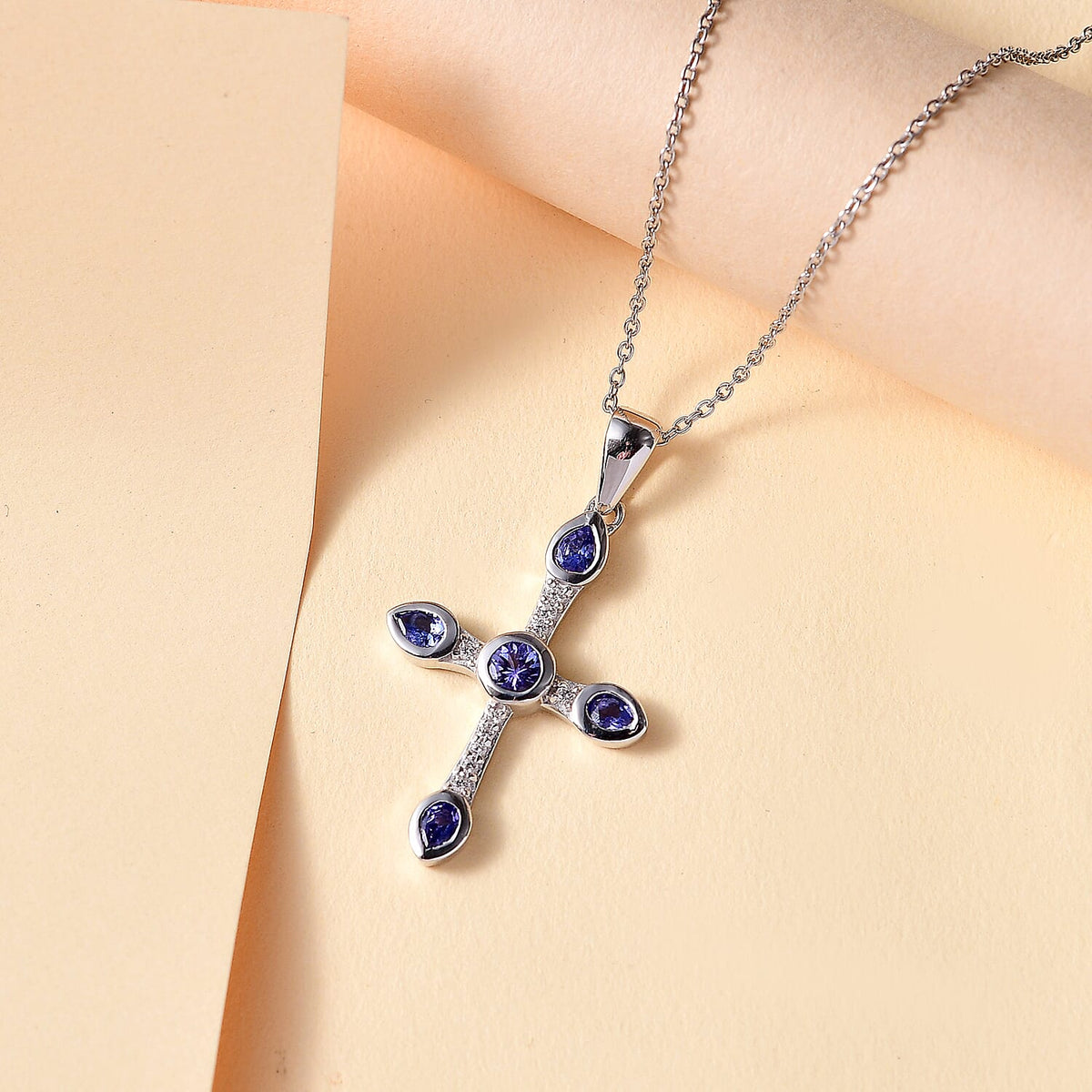 Tanzanite, White Zircon Cross Pendant with Chain (Size 20) in Rhodium Plated Sterling Silver 4313066 3