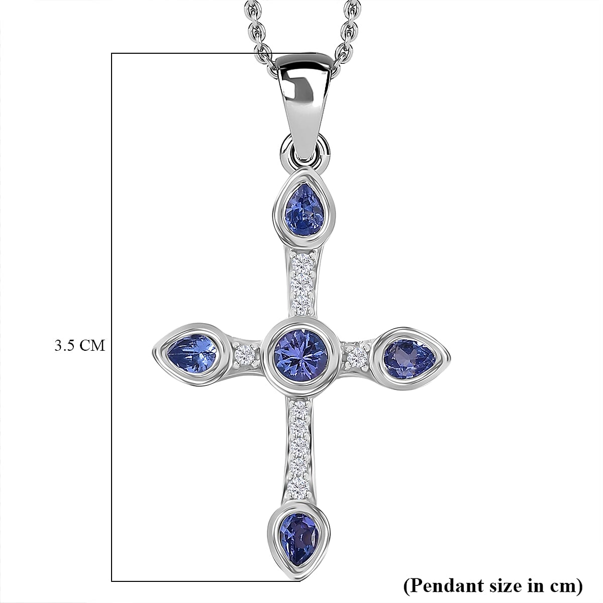 Tanzanite, White Zircon Cross Pendant with Chain (Size 20) in Rhodium Plated Sterling Silver 4313066 6