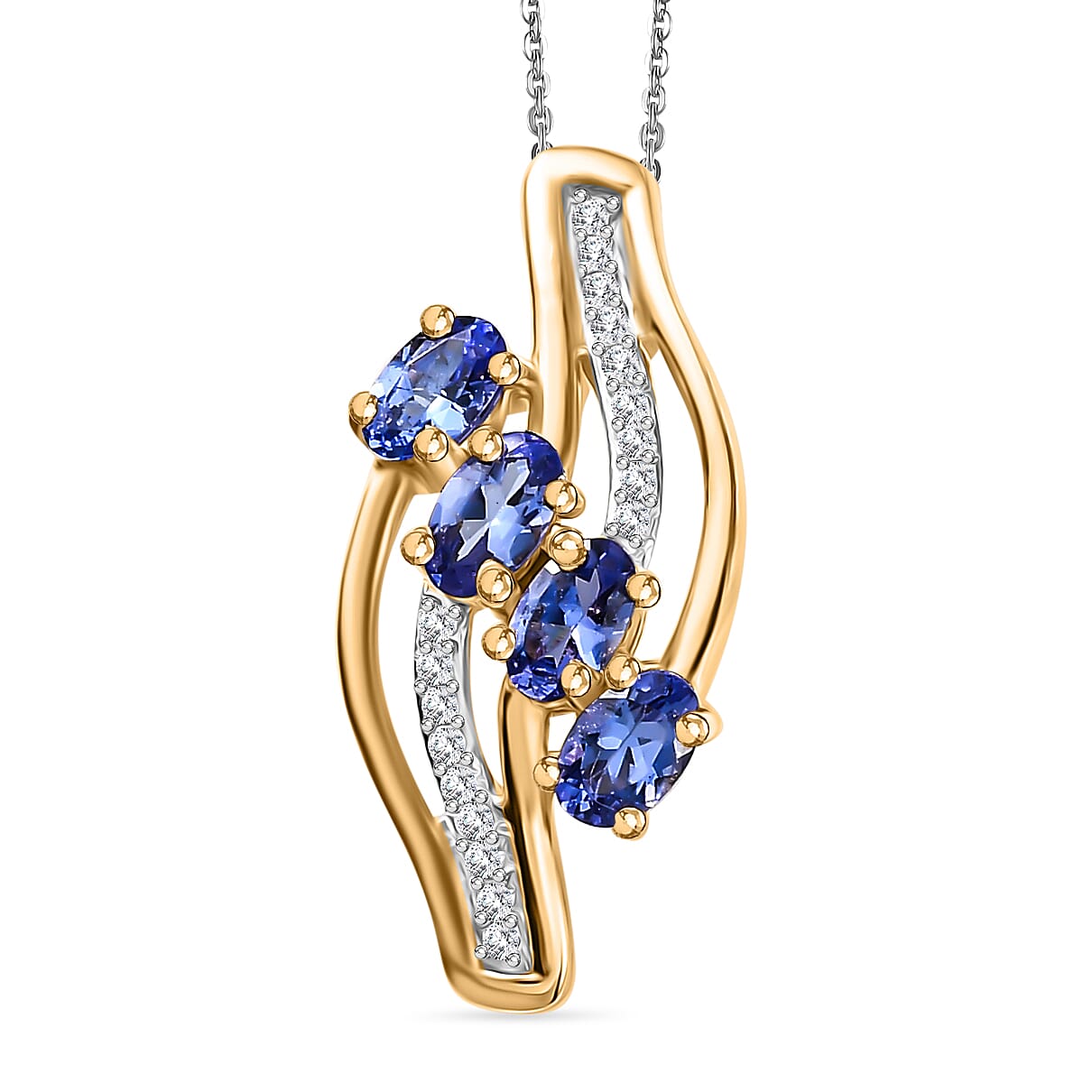 Tanzanite, White Zircon Pendant with Chain (Size 20) in Rhodium and 18K Vermeil Yellow Gold Plated Sterling Silver 4315469 0