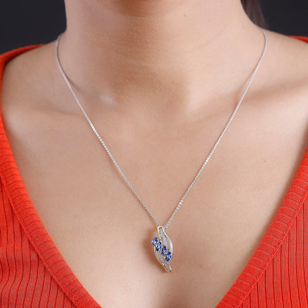 Tanzanite & White Zircon Pendant with Chain (Size 20) in Dual Tone Sterling Silver