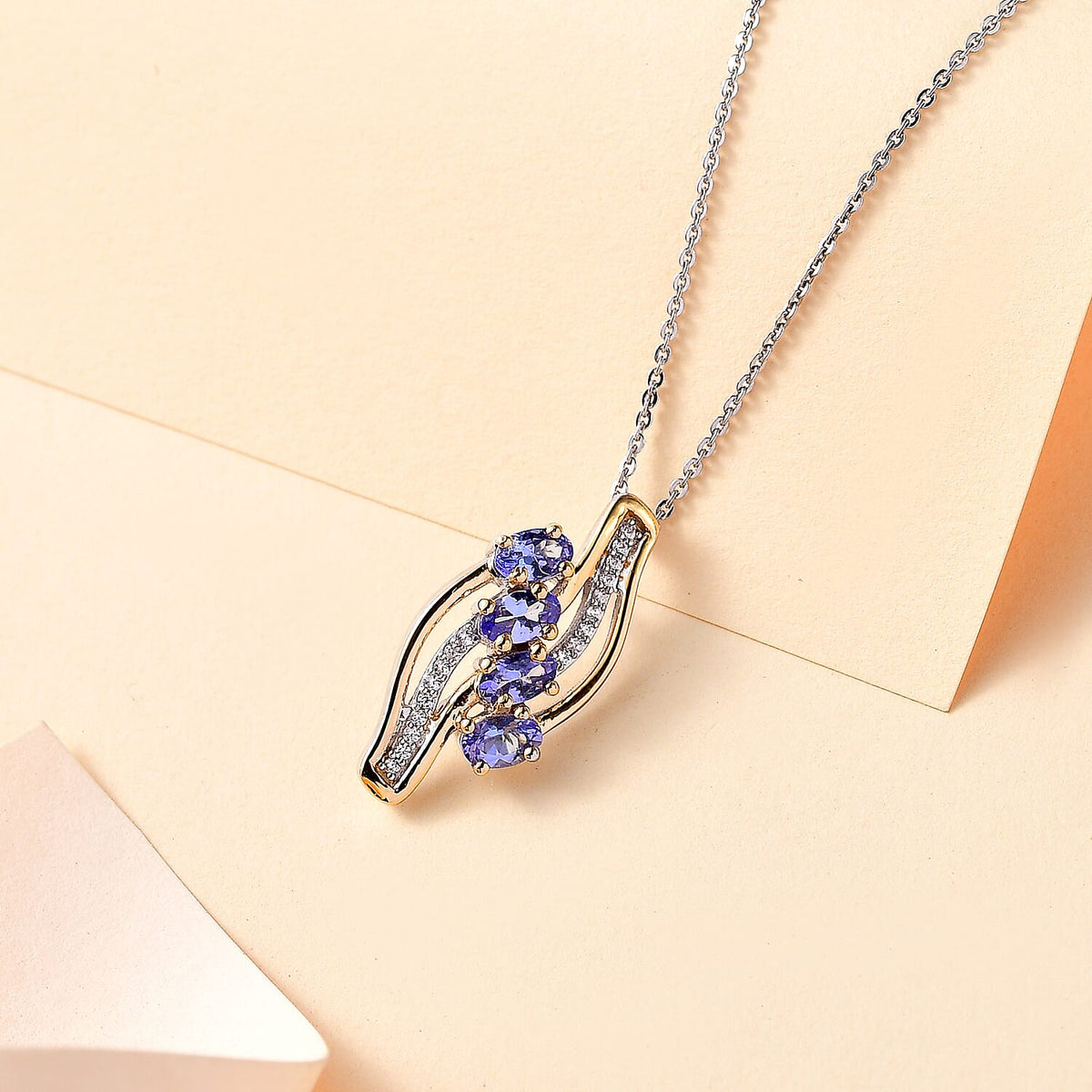 Tanzanite, White Zircon Pendant with Chain (Size 20) in Rhodium and 18K Vermeil Yellow Gold Plated Sterling Silver 4315469 2