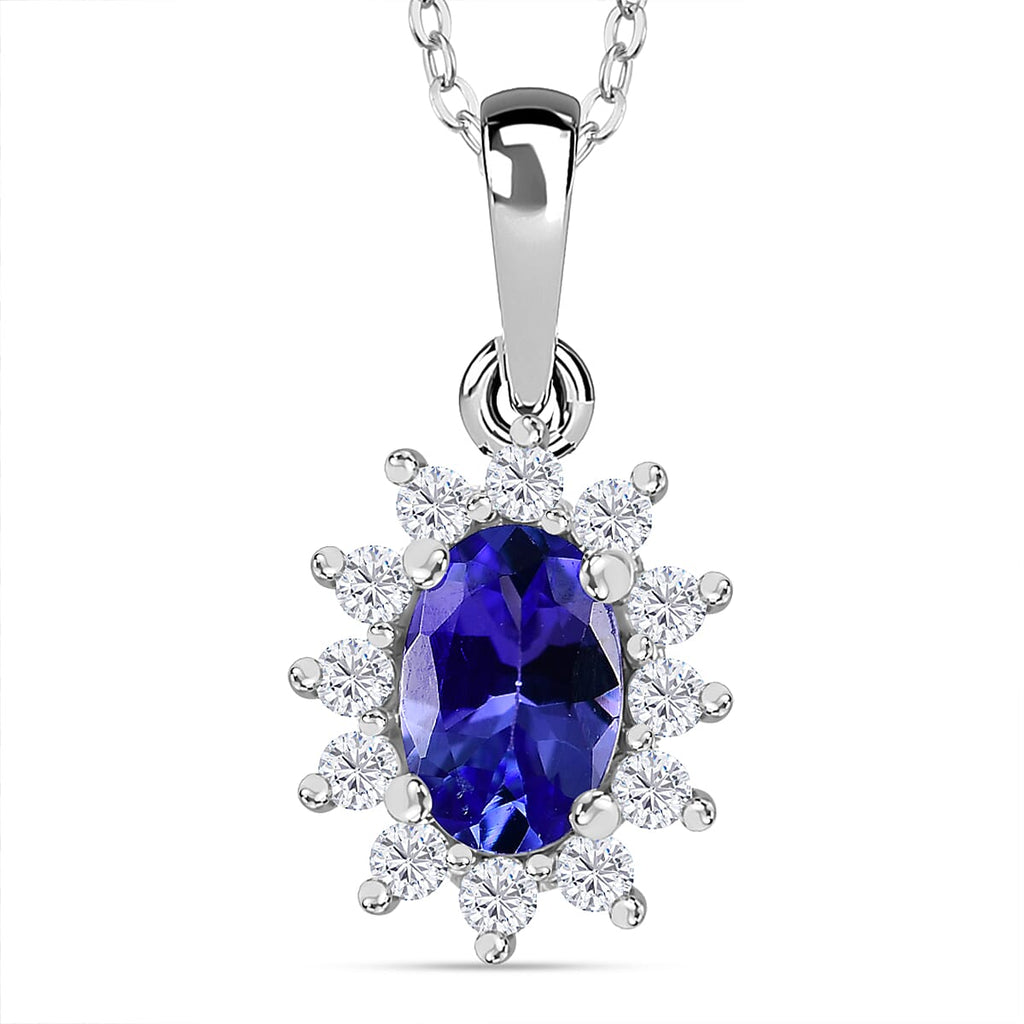 Premium Tanzanite & White Zircon Pendant with Chain (Size 20) in Rhodium Overlay Sterling Silver