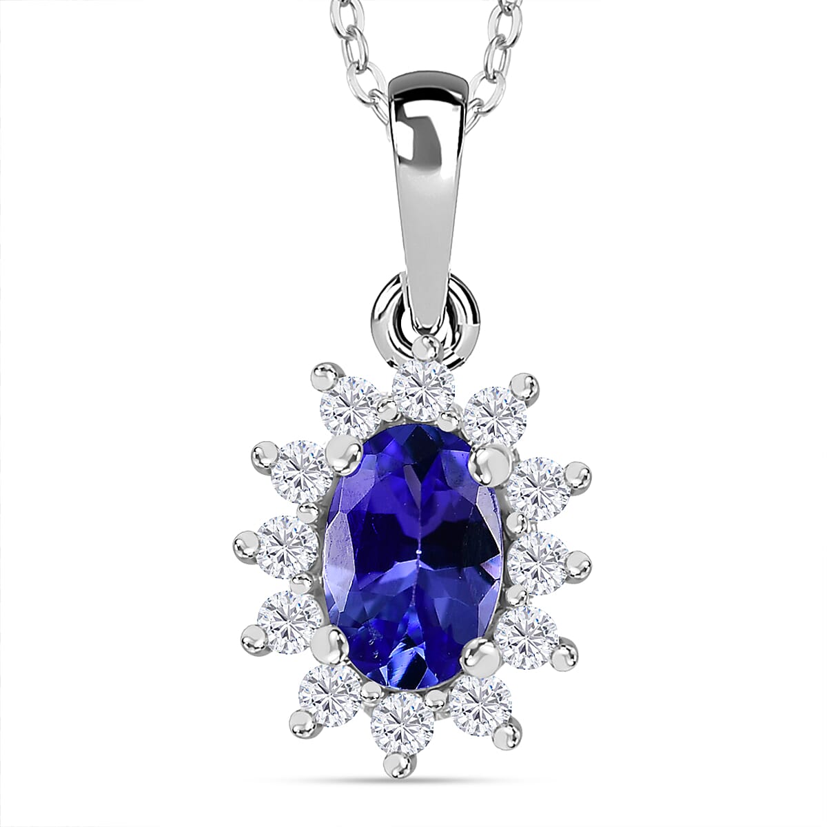 Tanzanite, White Zircon Halo Pendant with Chain (Size 20) in Rhodium Overlay Sterling Silver 4315502 0