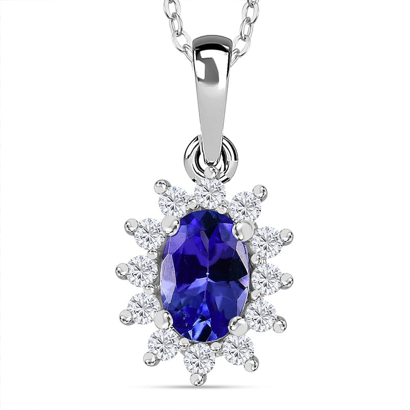 Premium Tanzanite & White Zircon Pendant with Chain (Size 20) in Rhodium Overlay Sterling Silver