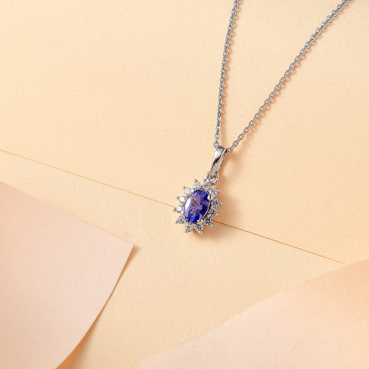 Tanzanite, White Zircon Halo Pendant with Chain (Size 20) in Rhodium Overlay Sterling Silver 4315502 2