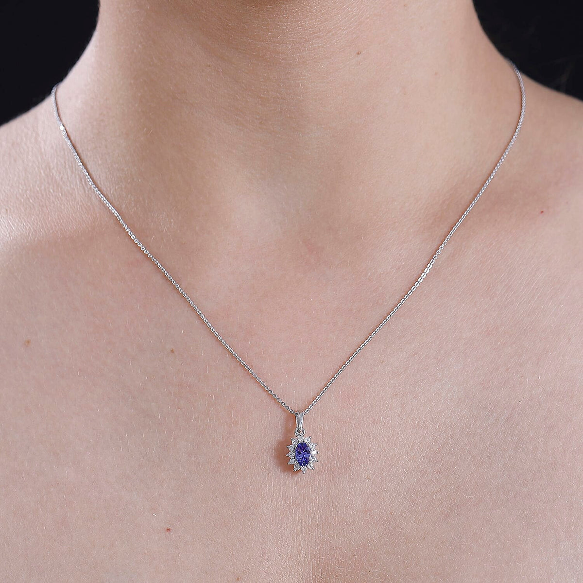 Tanzanite, White Zircon Halo Pendant with Chain (Size 20) in Rhodium Overlay Sterling Silver 4315502 3