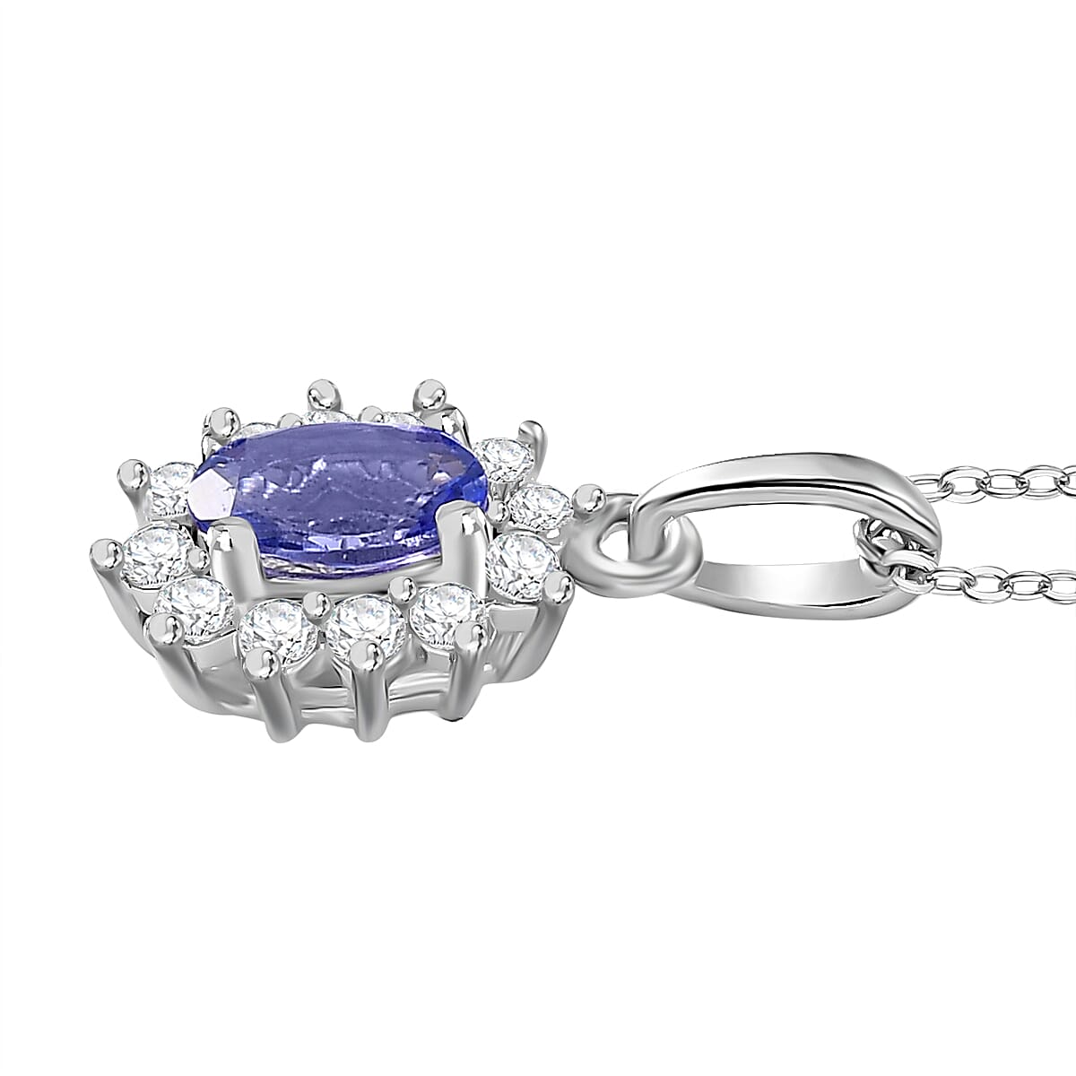 Tanzanite, White Zircon Halo Pendant with Chain (Size 20) in Rhodium Overlay Sterling Silver 4315502 4