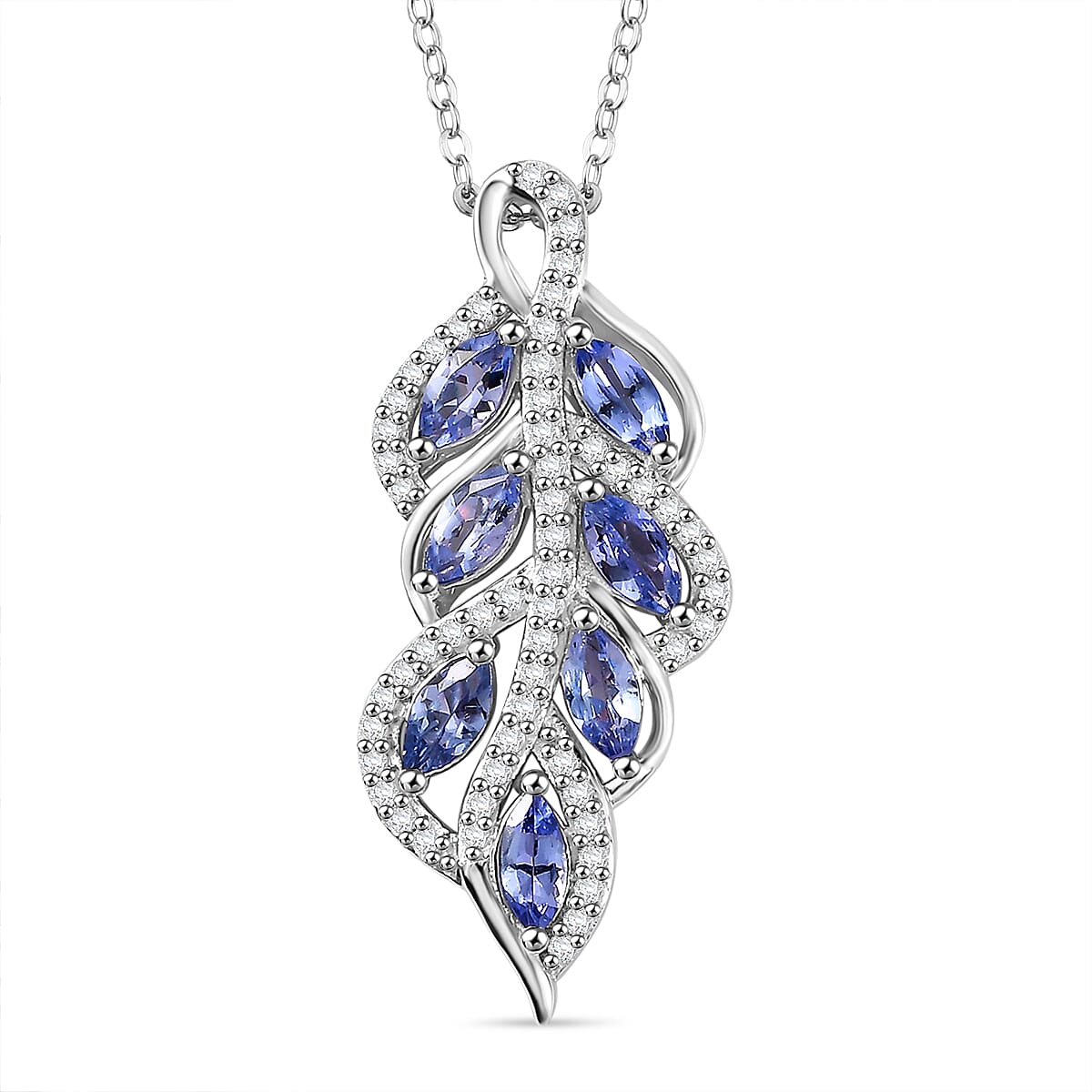 Tanzanite, White Zircon Leaf Pendant with Chain (Size 20) in Rhodium Overlay Sterling Silver 4315911 0