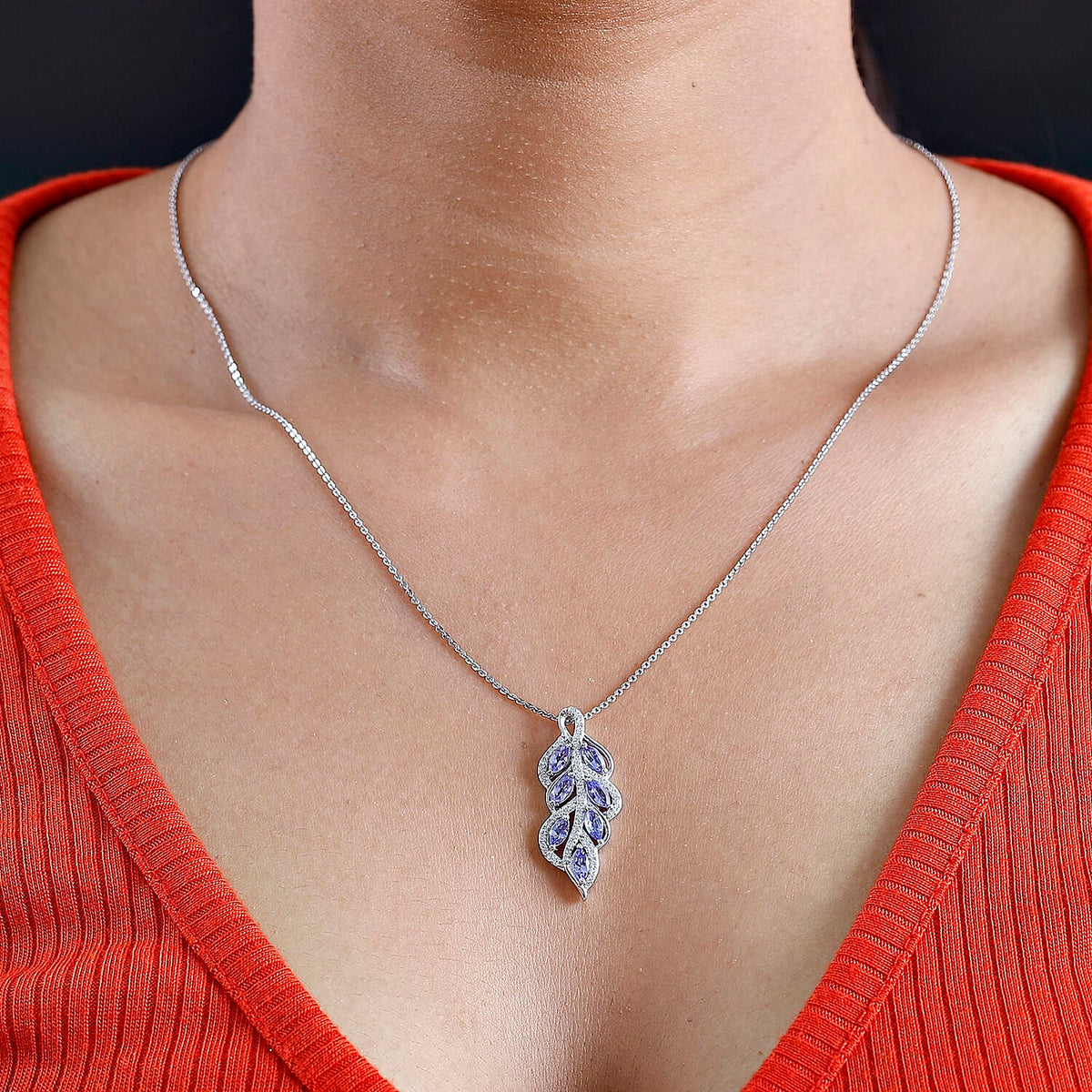 Tanzanite, White Zircon Leaf Pendant with Chain (Size 20) in Rhodium Overlay Sterling Silver 4315911 2