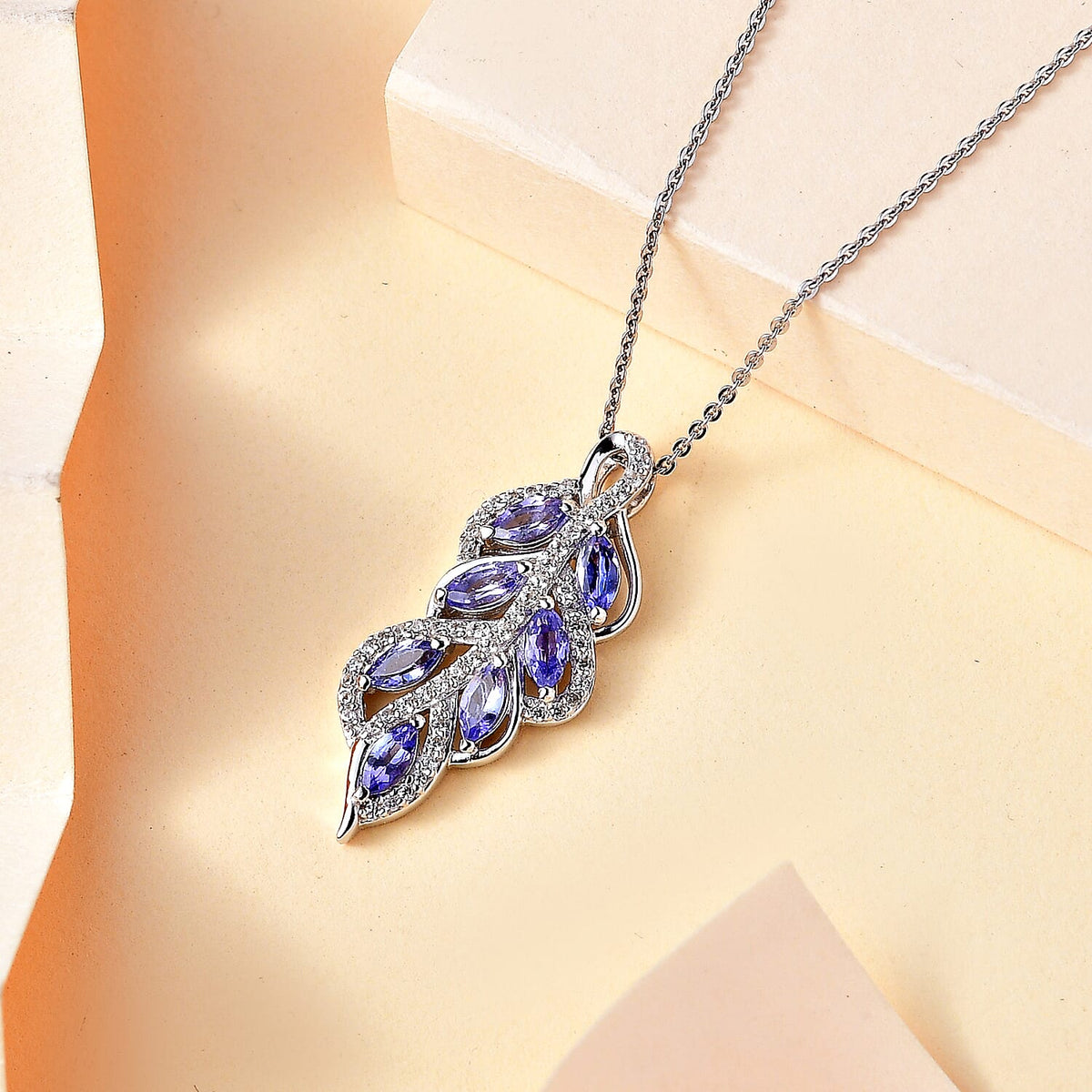 Tanzanite, White Zircon Leaf Pendant with Chain (Size 20) in Rhodium Overlay Sterling Silver 4315911 3
