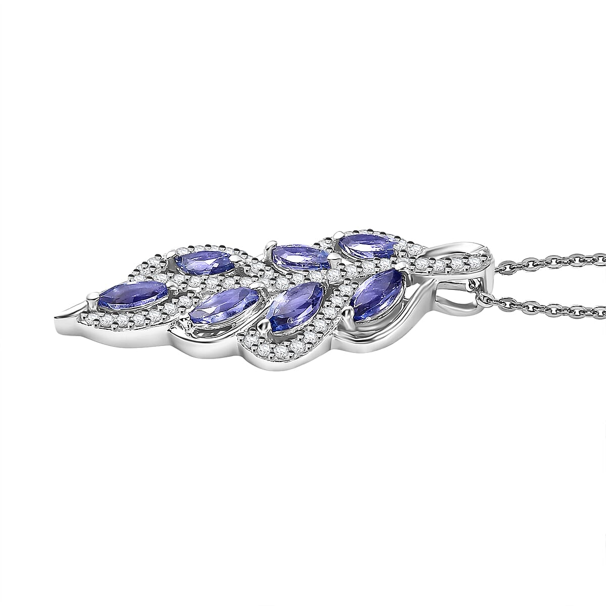Tanzanite, White Zircon Leaf Pendant with Chain (Size 20) in Rhodium Overlay Sterling Silver 4315911 4
