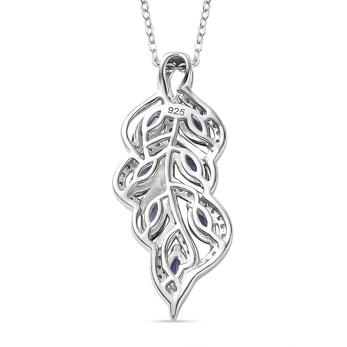 Tanzanite, White Zircon Leaf Pendant with Chain (Size 20) in Rhodium Overlay Sterling Silver 4315911 5
