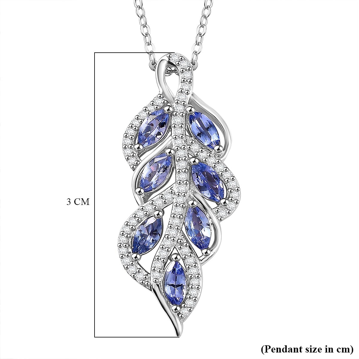 Tanzanite, White Zircon Leaf Pendant with Chain (Size 20) in Rhodium Overlay Sterling Silver 4315911 7