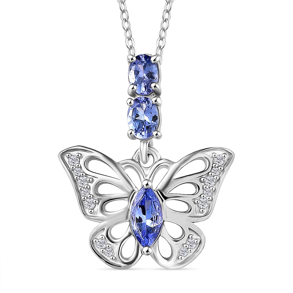 D'Joy Tanzanite &amp; White Zircon ButterFly Pendant with Chain (Size 20) in Platinum Overlay Sterling Silver 4430357 0