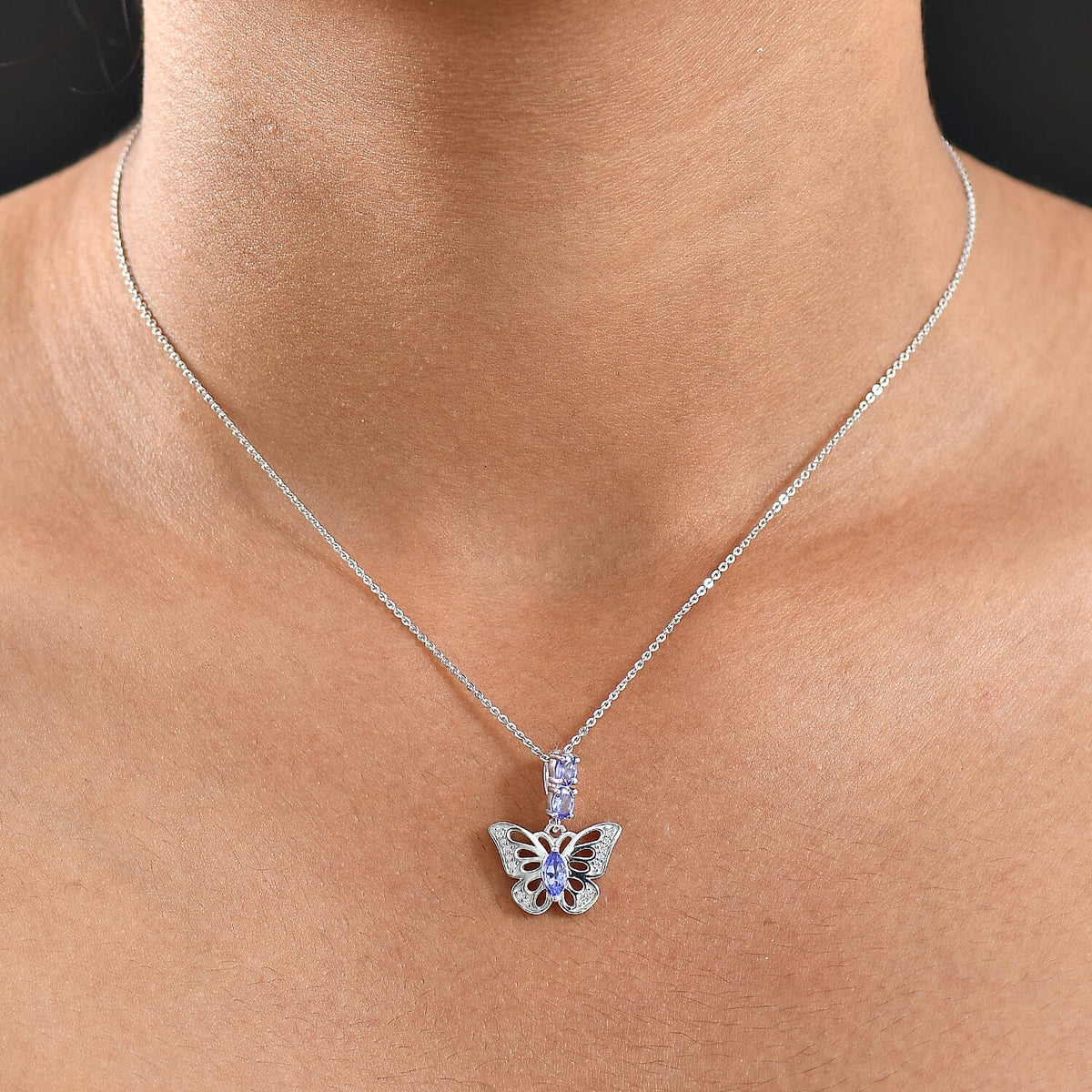 D'Joy Tanzanite &amp; White Zircon ButterFly Pendant with Chain (Size 20) in Platinum Overlay Sterling Silver 4430357 2