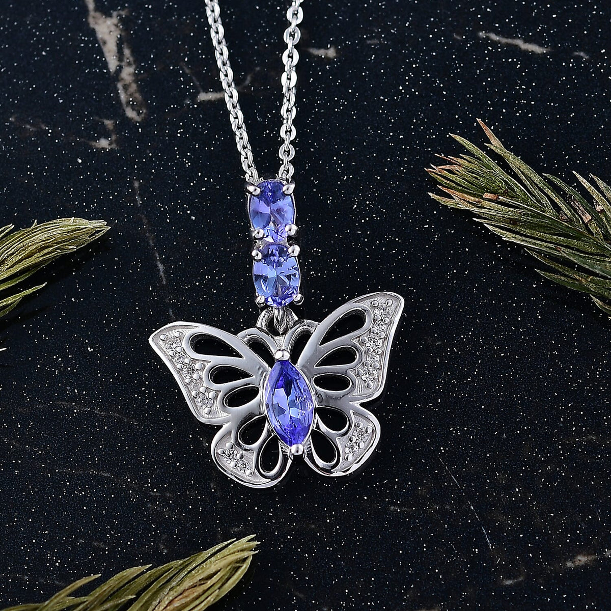 D'Joy Tanzanite &amp; White Zircon ButterFly Pendant with Chain (Size 20) in Platinum Overlay Sterling Silver 4430357 3