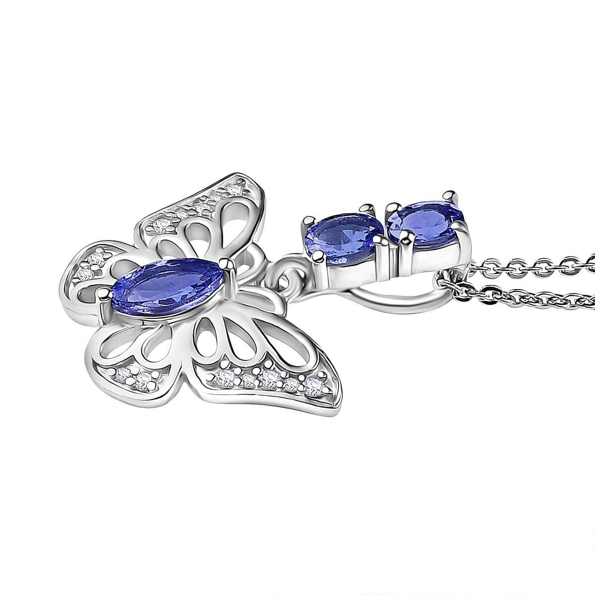 D'Joy Tanzanite &amp; White Zircon ButterFly Pendant with Chain (Size 20) in Platinum Overlay Sterling Silver 4430357 4