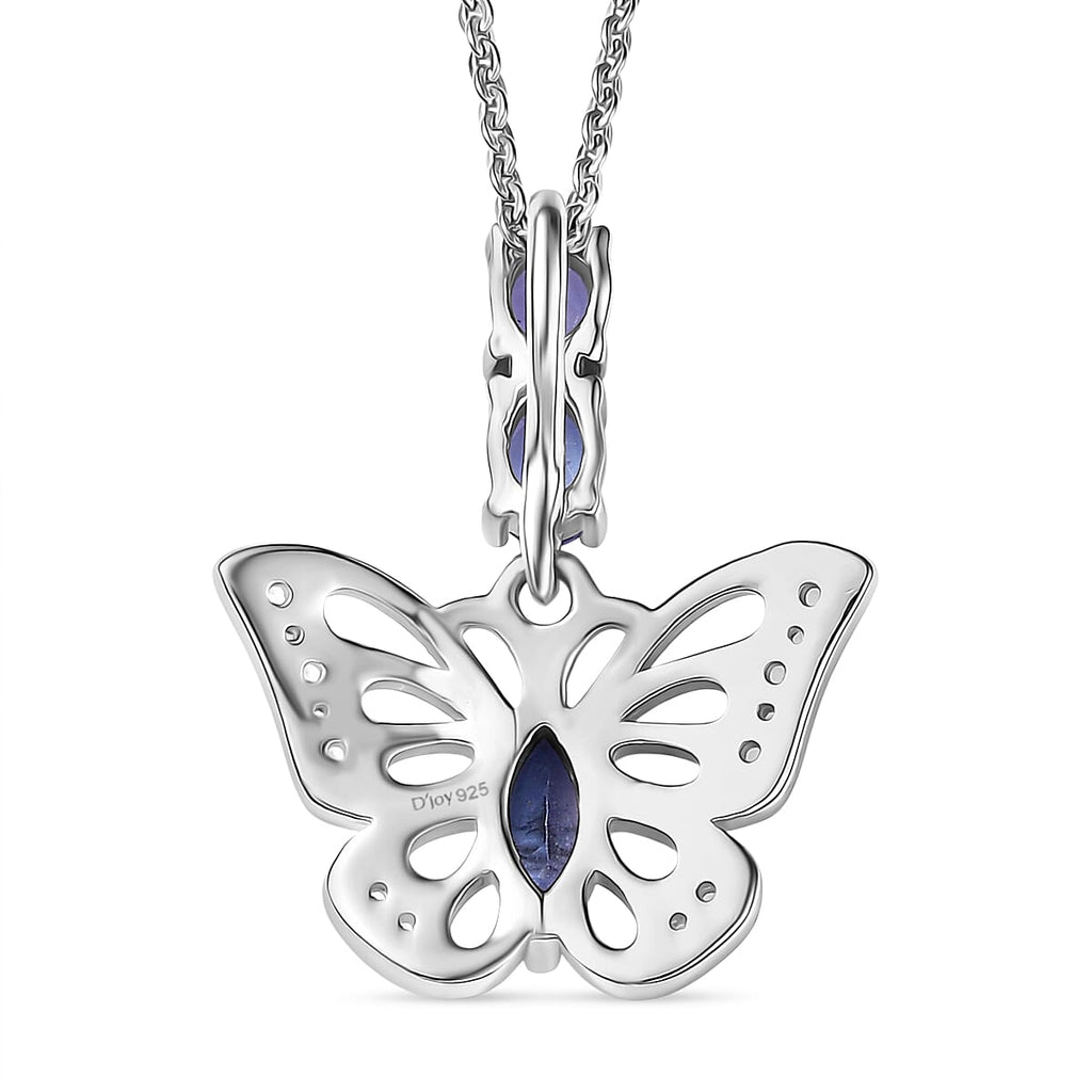 D'Joy Tanzanite & White Zircon ButterFly Pendant with Chain (Size 20) in Platinum Overlay Sterling Silver