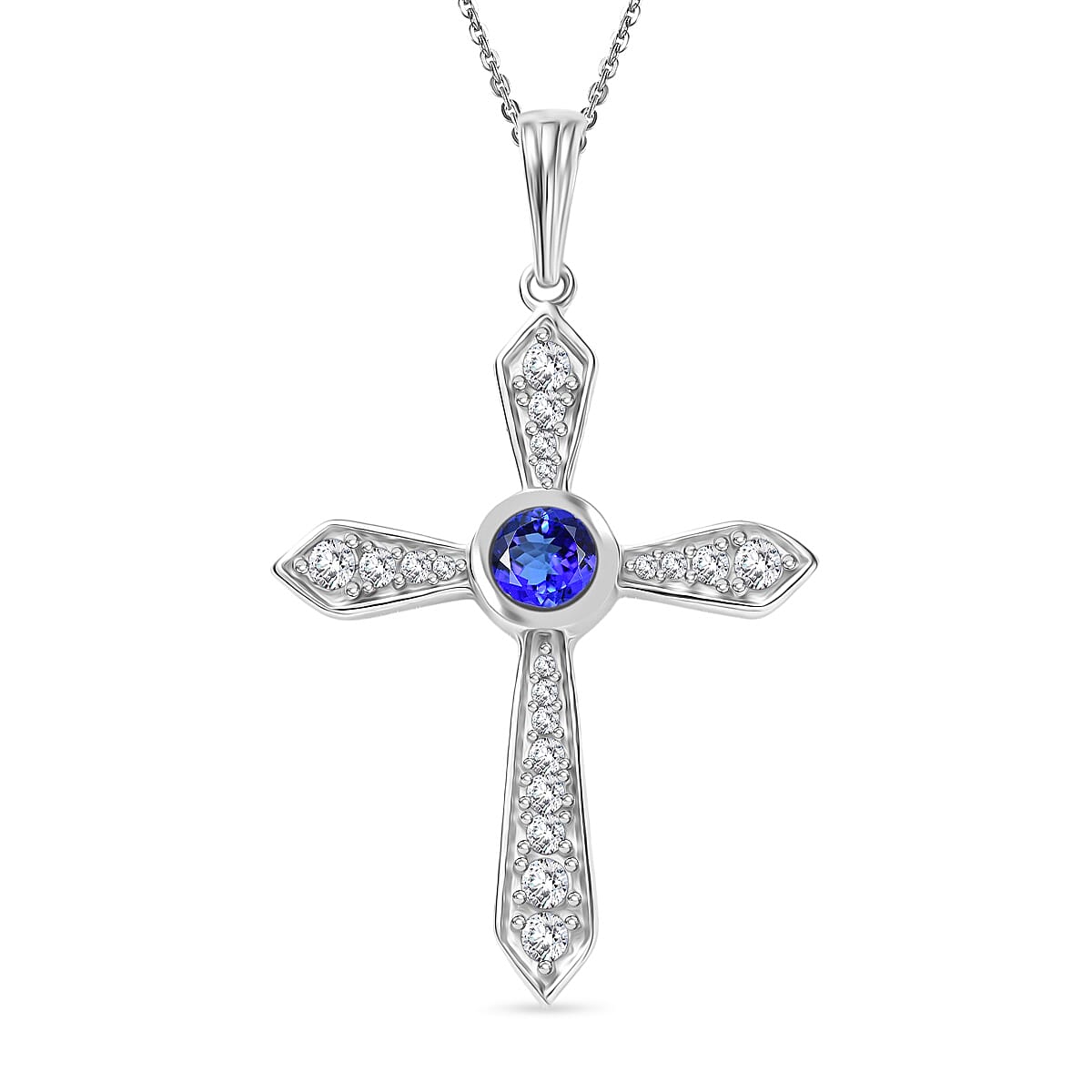 D'Joy Tanzanite &amp; White Zircon Cross Pendant with Chain (Size 20) in Platinum Overlay Sterling Silver 4430359 0