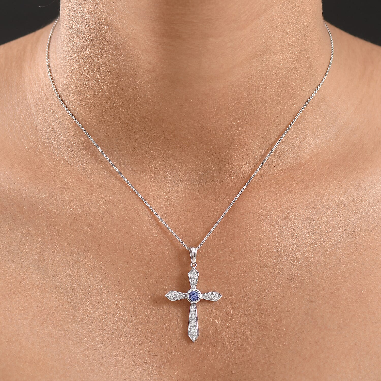 D'Joy Tanzanite &amp; White Zircon Cross Pendant with Chain (Size 20) in Platinum Overlay Sterling Silver 4430359 2