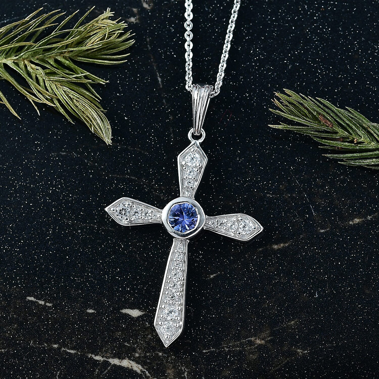 D'Joy Tanzanite &amp; White Zircon Cross Pendant with Chain (Size 20) in Platinum Overlay Sterling Silver 4430359 3
