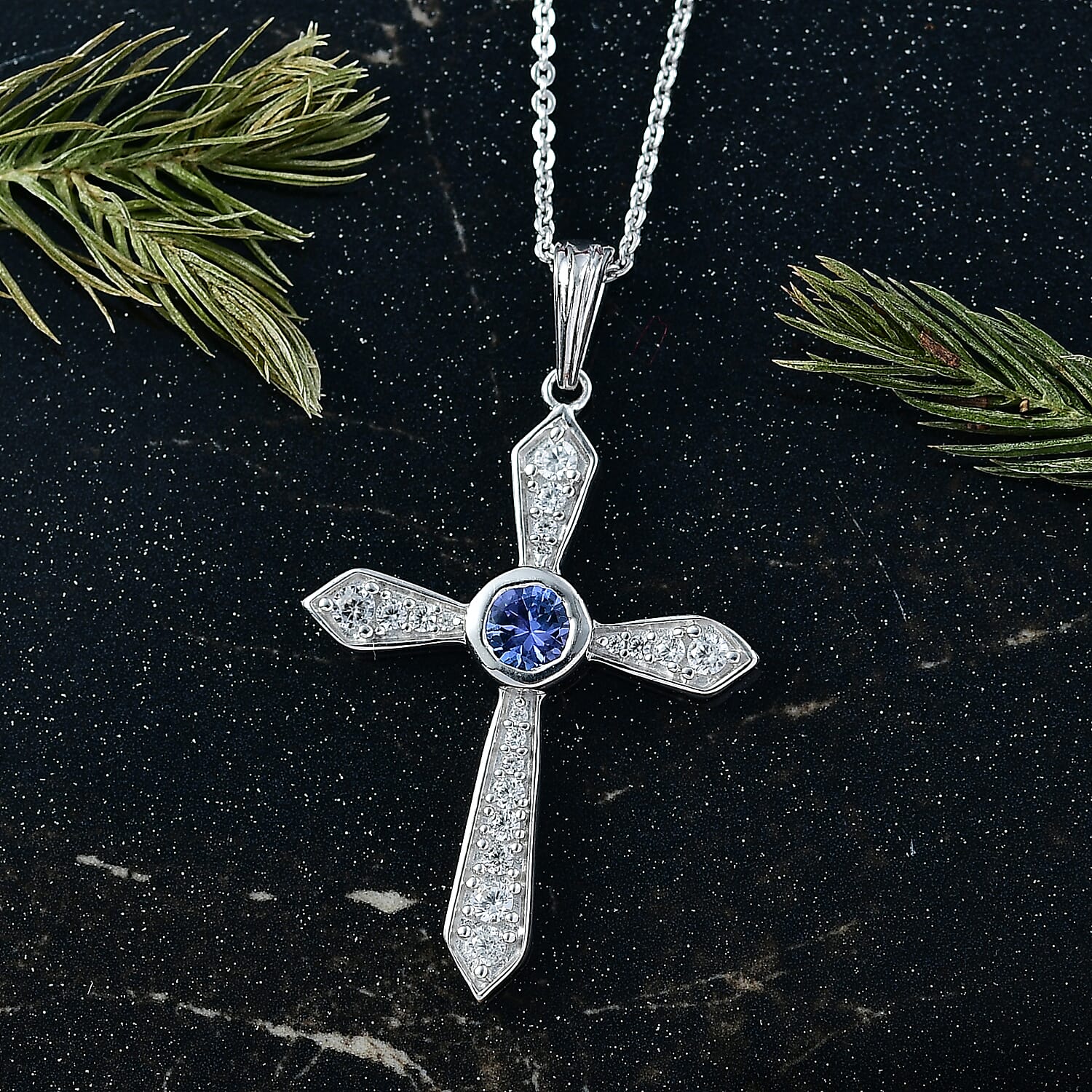 D'Joy Tanzanite &amp; White Zircon Cross Pendant with Chain (Size 20) in Platinum Overlay Sterling Silver 4430359 3