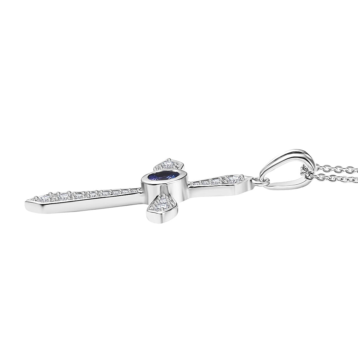 D'Joy Tanzanite &amp; White Zircon Cross Pendant with Chain (Size 20) in Platinum Overlay Sterling Silver 4430359 4