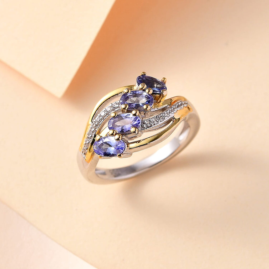 Tanzanite & White Zircon 4 Stone Ring in Dual Tone Sterling Silver 1.16 Ct.