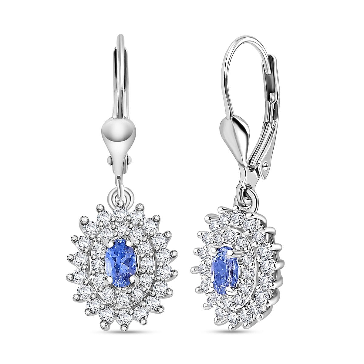 Premium Tanzanite &amp; Natural Zircon Lever Back Earrings in Platinum Overlay Sterling Silver 1.43 Ct. 7767405 0