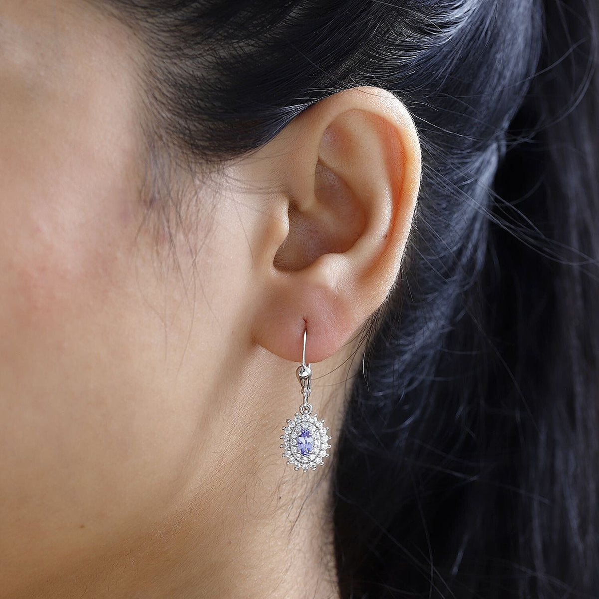 Premium Tanzanite &amp; Natural Zircon Lever Back Earrings in Platinum Overlay Sterling Silver 1.43 Ct. 7767405 2