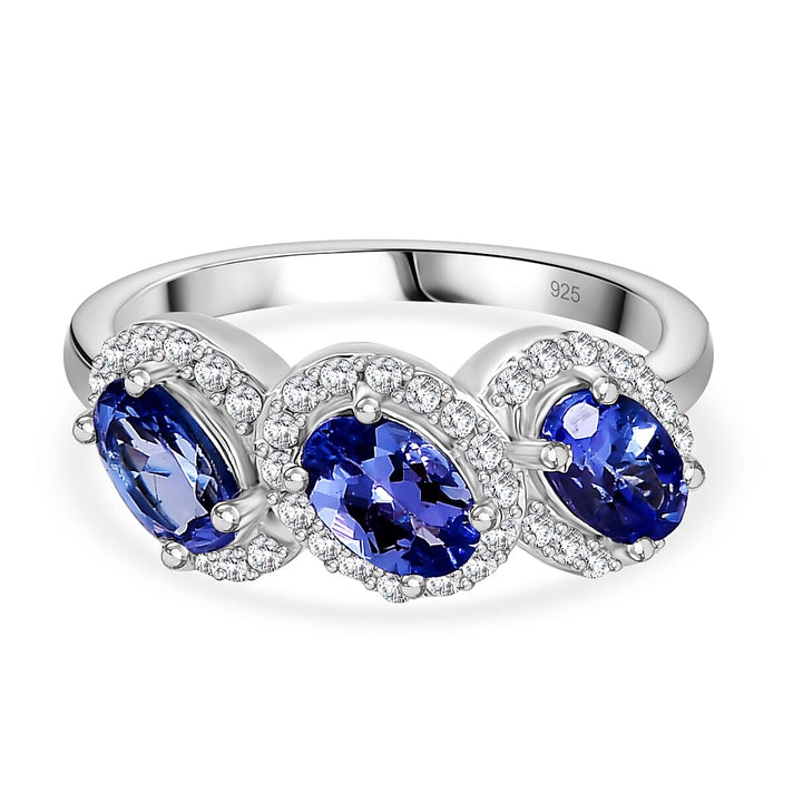 Tanzanite, White Zircon 3-Stone Ring in Rhodium Overlay Sterling Silver 8058884 2