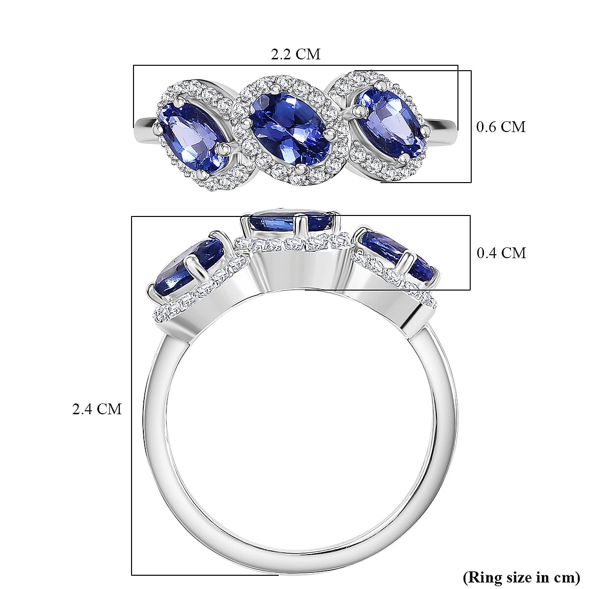 Tanzanite, White Zircon 3-Stone Ring in Rhodium Overlay Sterling Silver V32530719 11