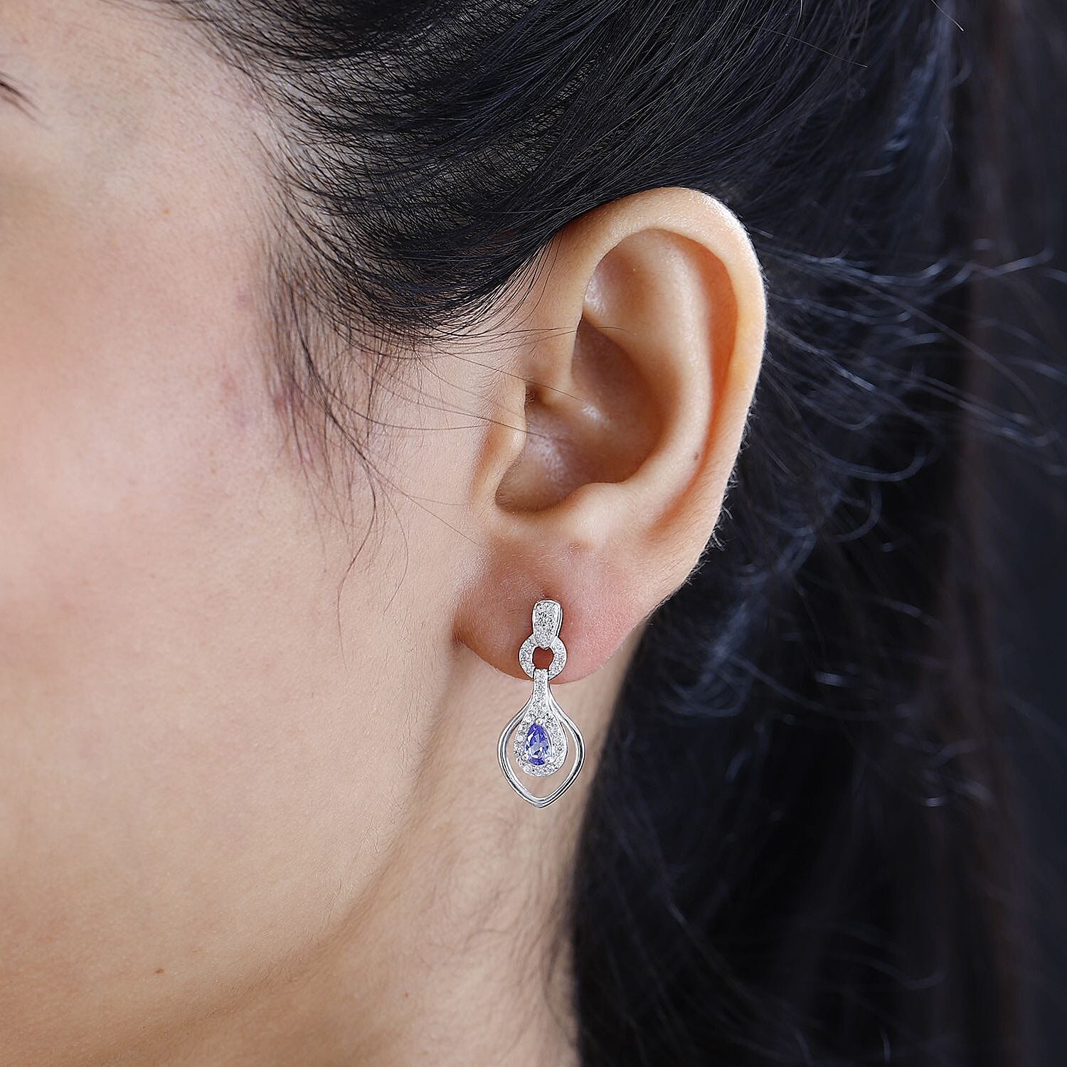 Premium Tanzanite &amp; Natural Zircon Dangle Earrings in Platinum Overlay Sterling Silver 1.08 Ct 7780161 2