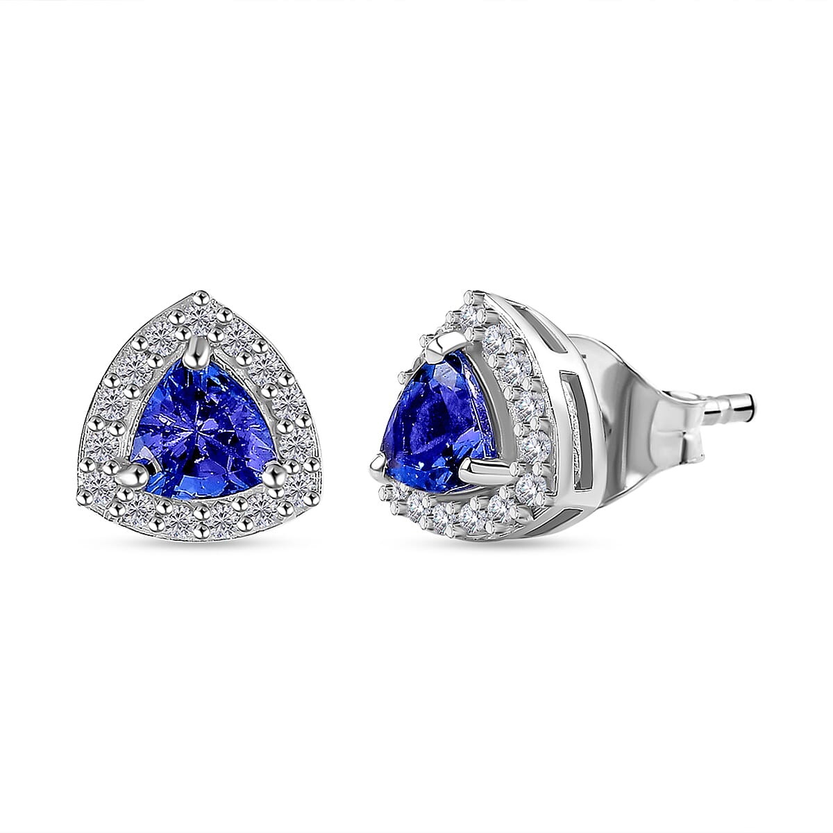 Tanzanite, White Zircon Halo Stud Push Post Earrings in Rhodium Overlay Sterling Silver 7934266 0