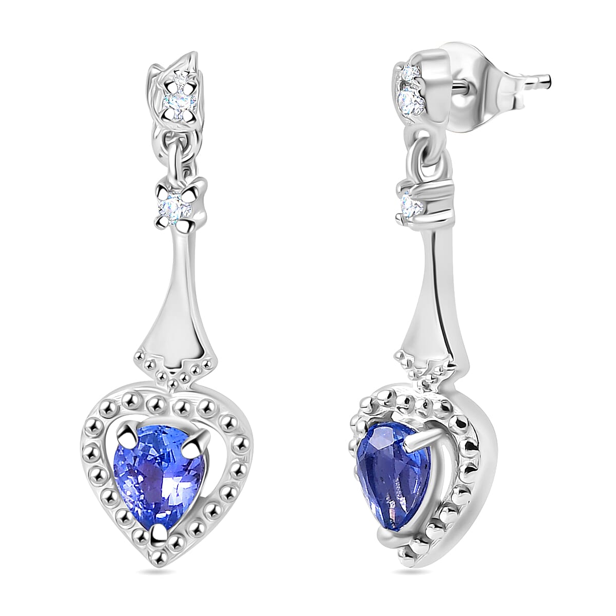 Tanzanite, White Zircon Drop Earrings in Rhodium Overlay Sterling Silver 0.72 ct. 7938692 0