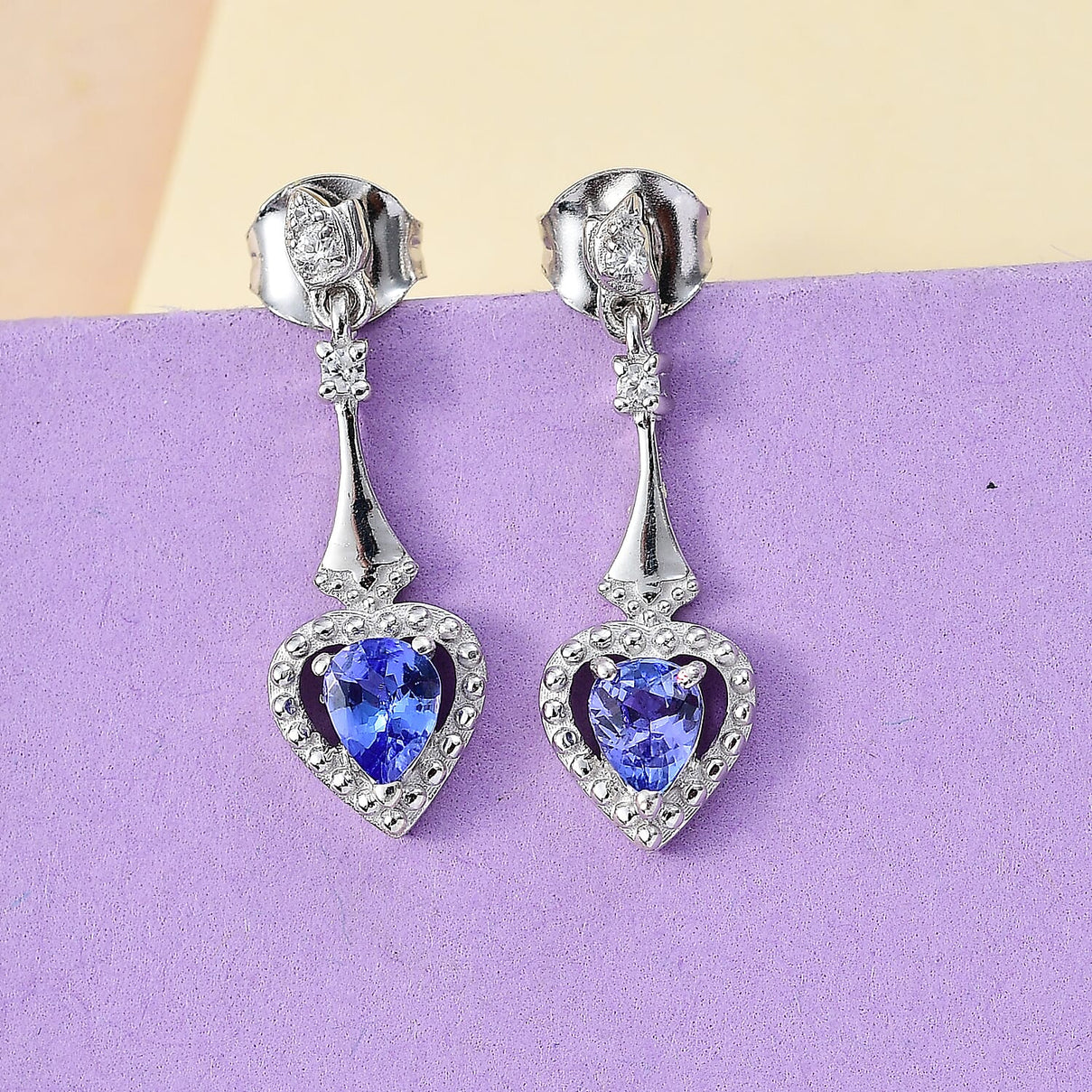 Tanzanite, White Zircon Drop Earrings in Rhodium Overlay Sterling Silver 0.72 ct. 7938692 2