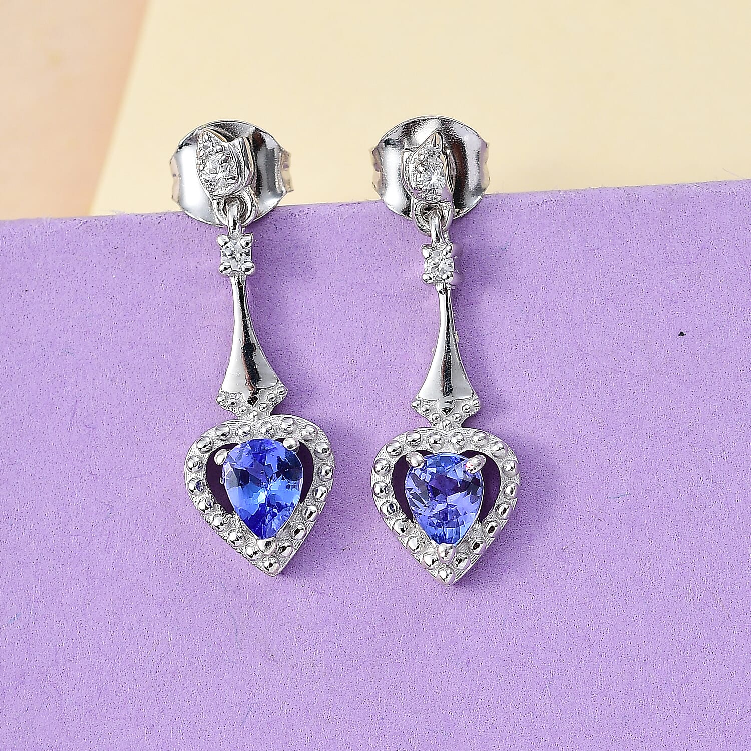 Tanzanite, White Zircon Drop Earrings in Rhodium Overlay Sterling Silver 0.72 ct. 7938692 2