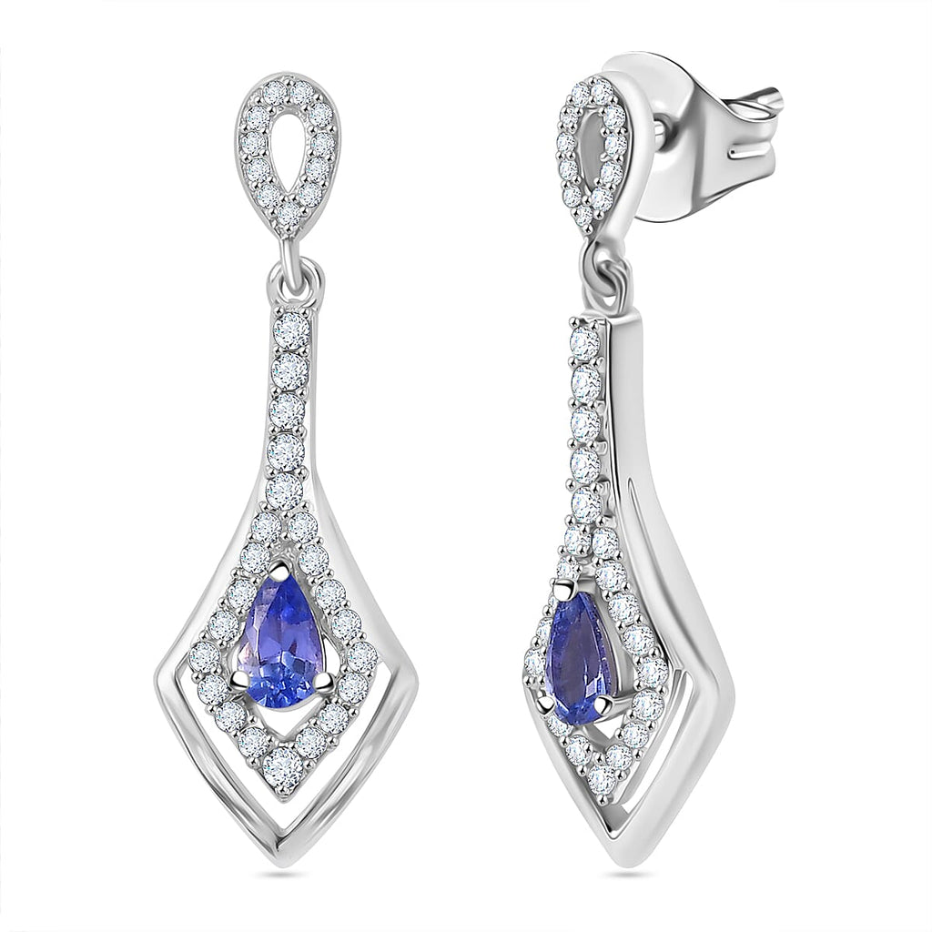Tanzanite & White Zircon Solitaire Stud Push Post Earring in Rhodium Overlay Sterling Silver 1.16 Ct.