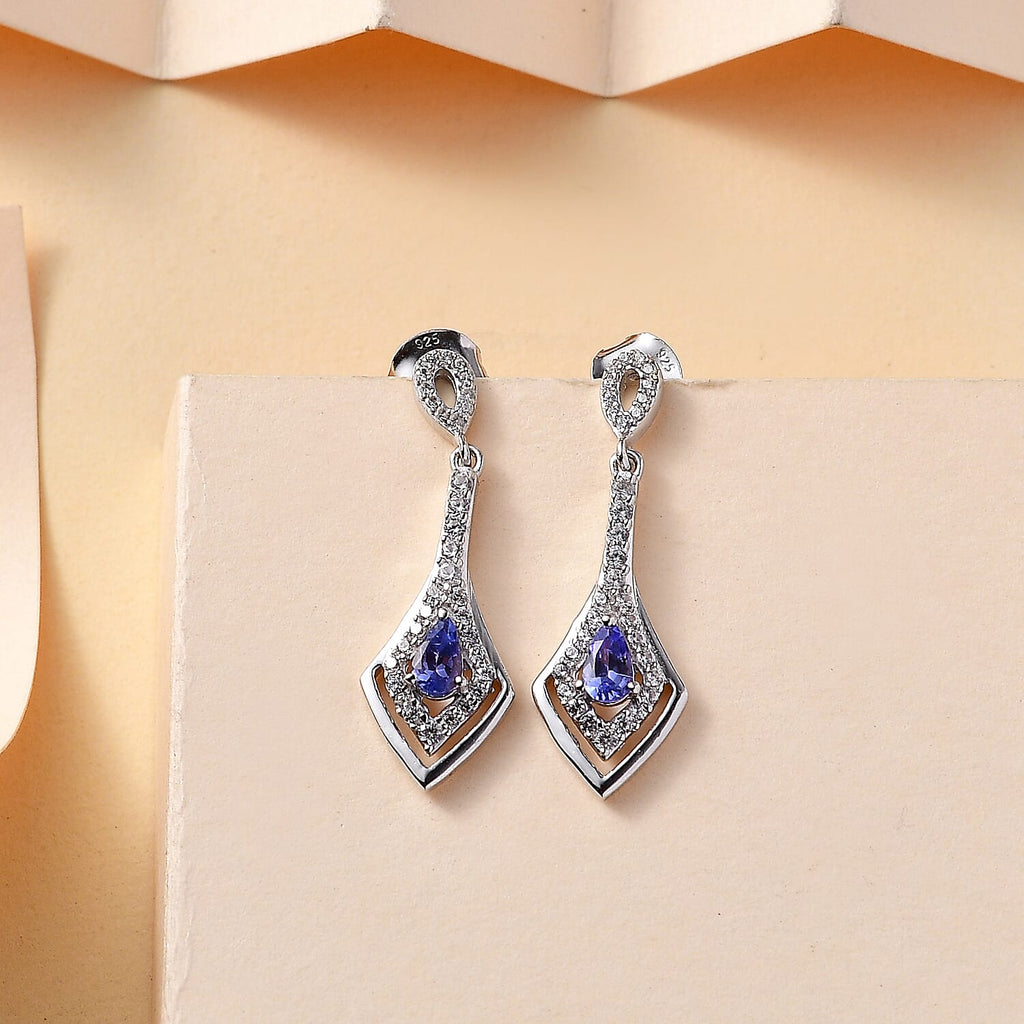 Tanzanite & White Zircon Solitaire Stud Push Post Earring in Rhodium Overlay Sterling Silver 1.16 Ct.