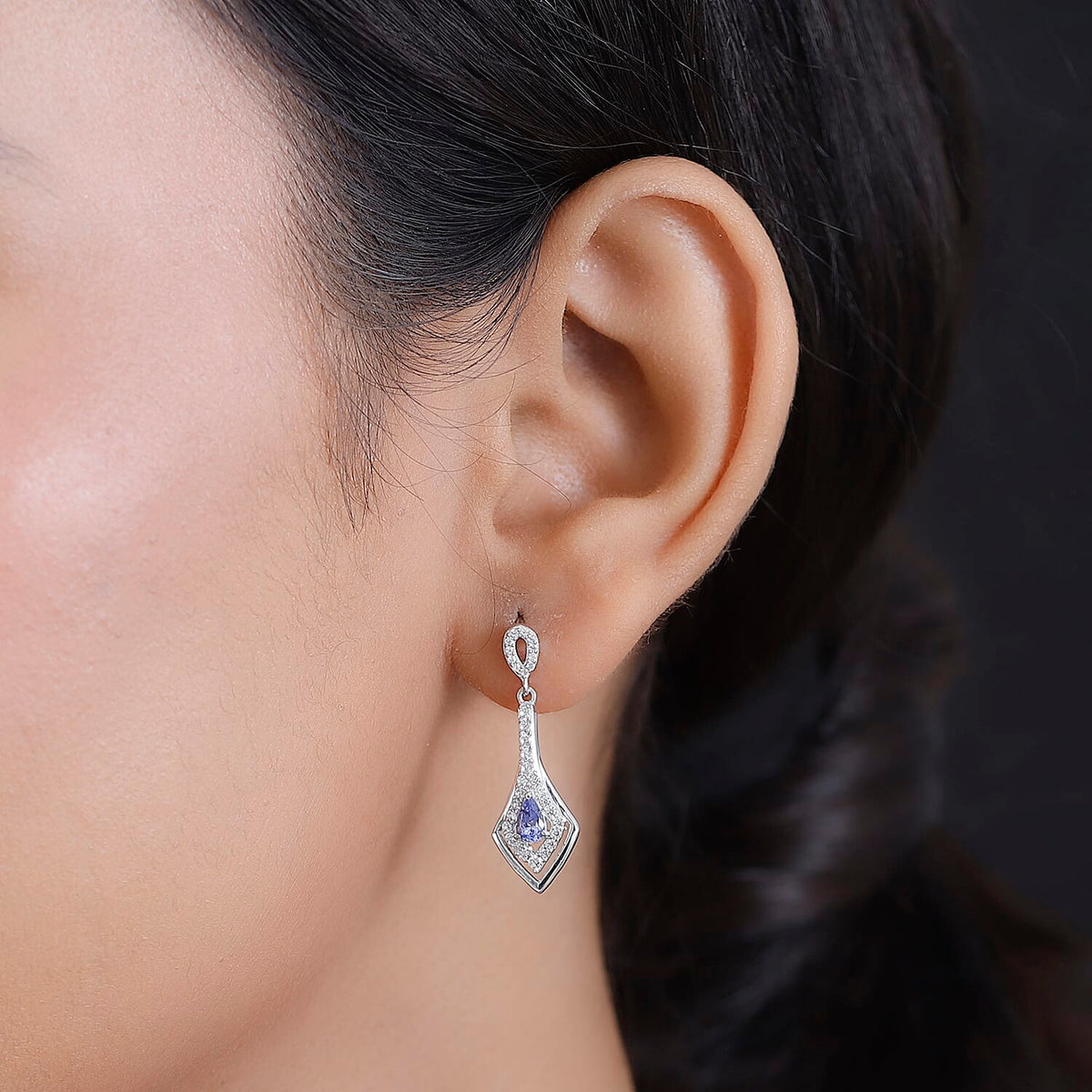 Tanzanite, White Zircon Dangling Earrings in Rhodium Overlay Sterling Silver 7948771 2