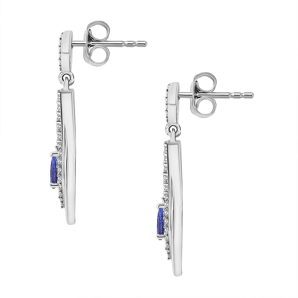 Tanzanite & White Zircon Solitaire Stud Push Post Earring in Rhodium Overlay Sterling Silver 1.16 Ct.