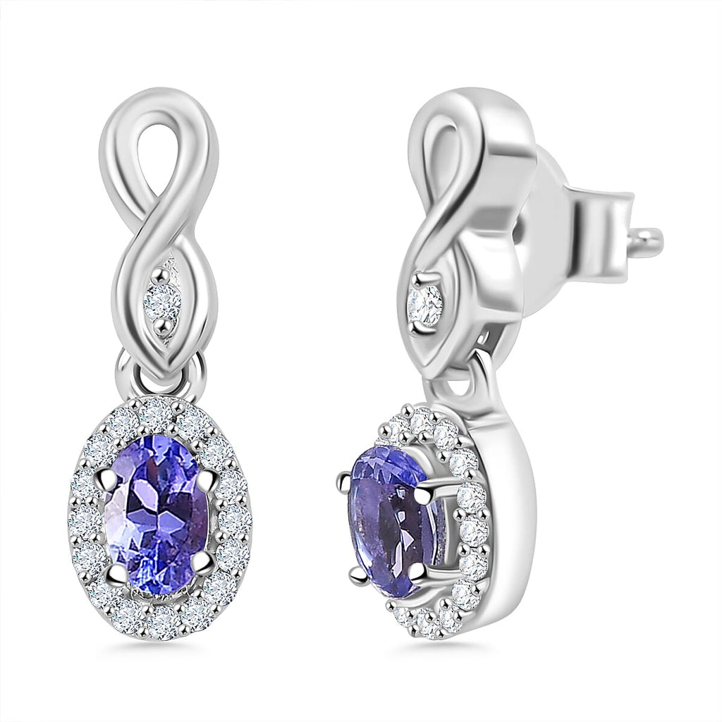 Tanzanite & White Zircon Solitaire Stud Push Back Earring in Rhodium Overlay Sterling Silver