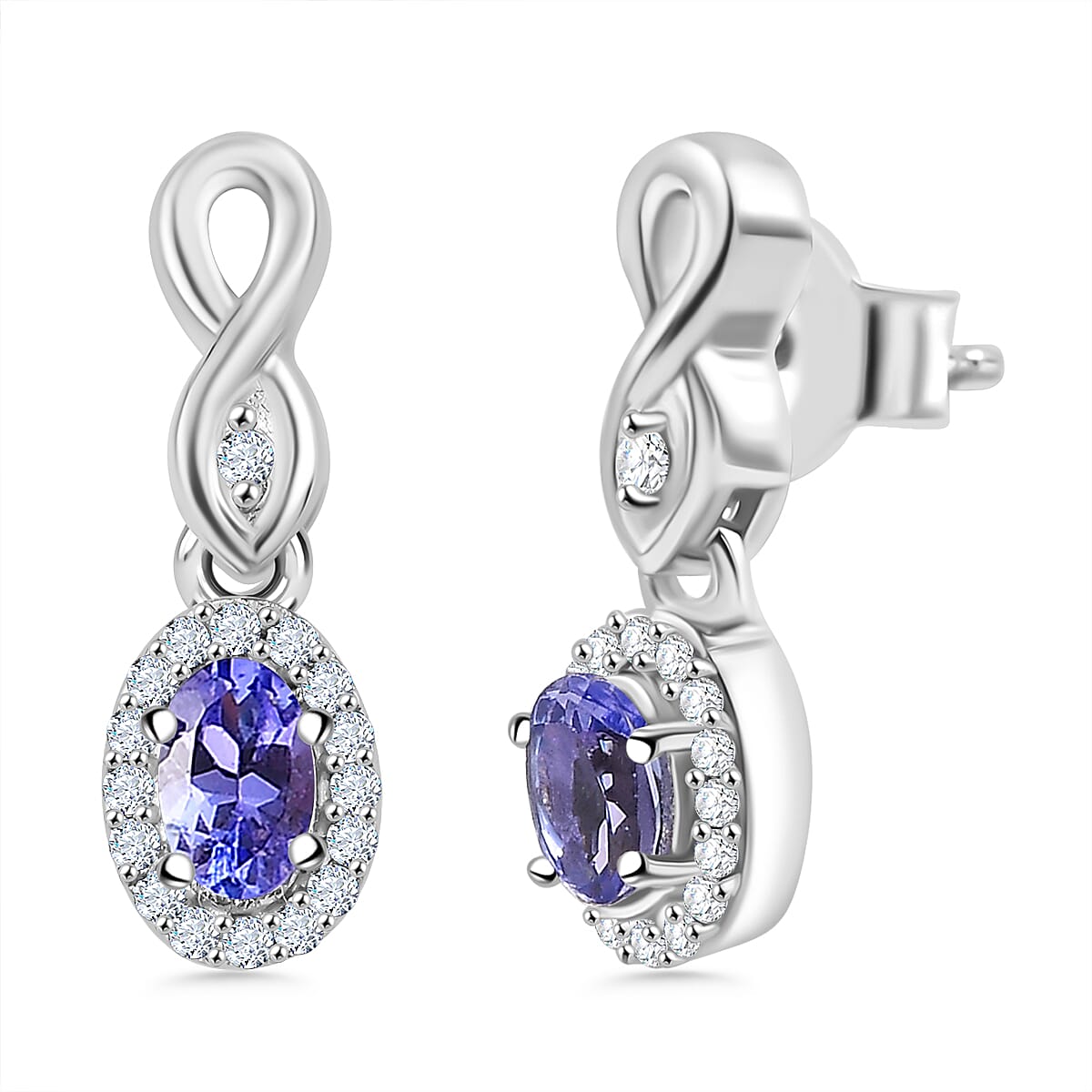 Tanzanite, White Zircon Halo Drop Earrings in Rhodium Overlay Sterling Silver 7948777 0